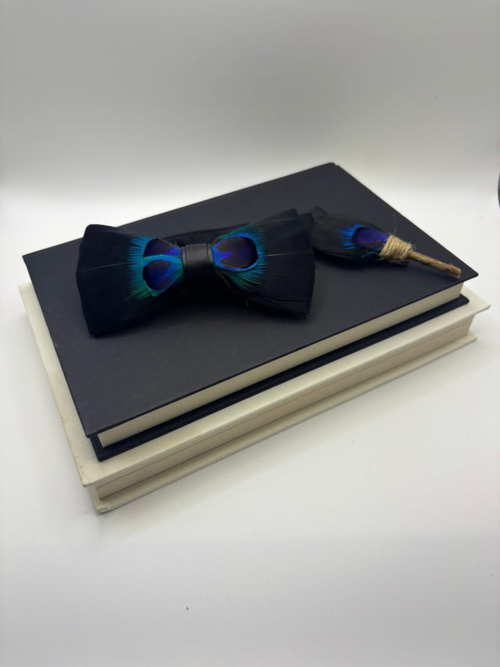 Peacock Feather Bow Tie & Lapel Pin Set - Elegant Midnight Black Accessory for Men