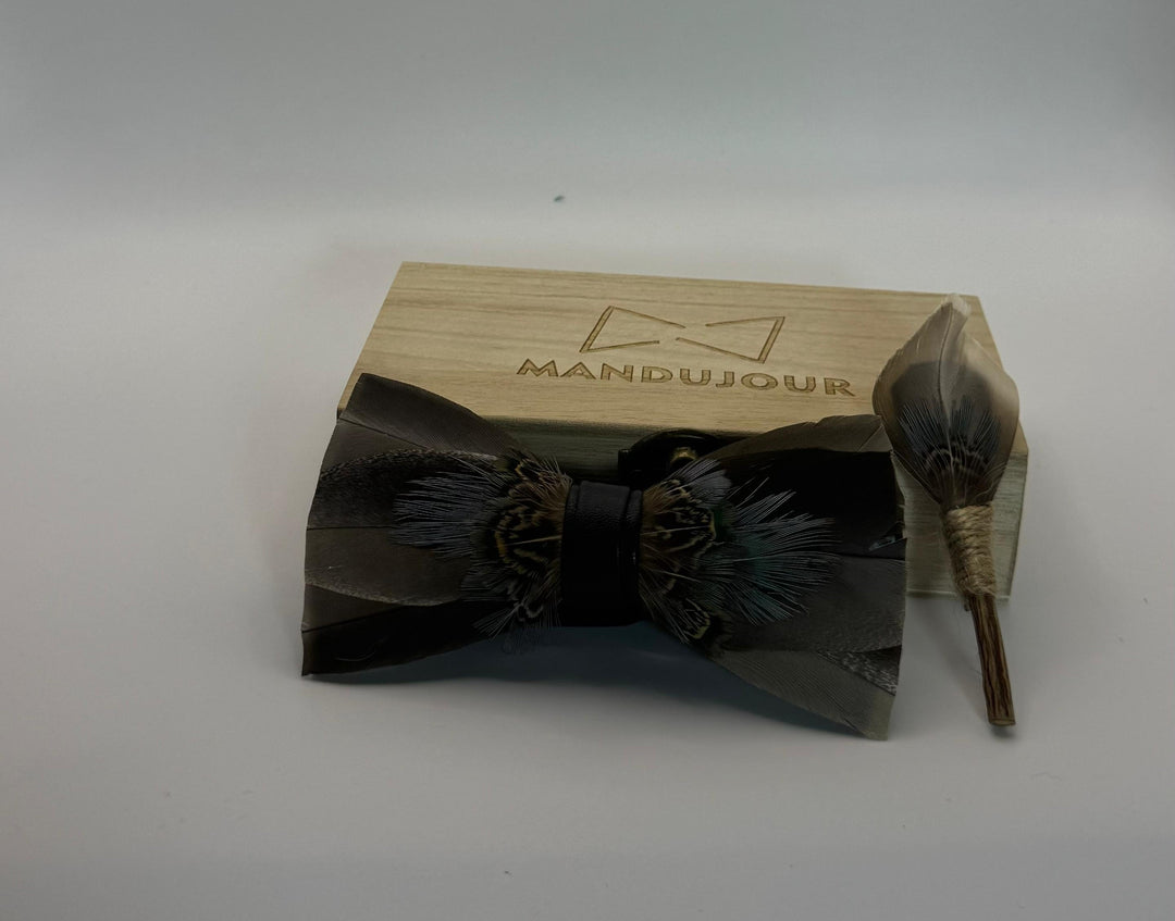 Brown & Gray Feather Bow Tie and Lapel Pin Set - Handmade Men's Accessory for Weddings and Events