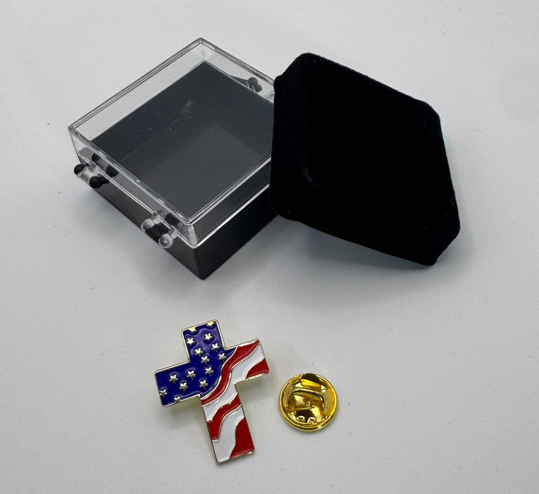 Mandujour Authentic American Flag Lapel Pin with Religious Cross - Elegant USA Design in Luxurious Gift Box