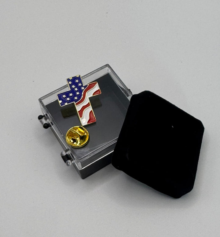 Mandujour Authentic American Flag Lapel Pin with Religious Cross - Elegant USA Design in Luxurious Gift Box