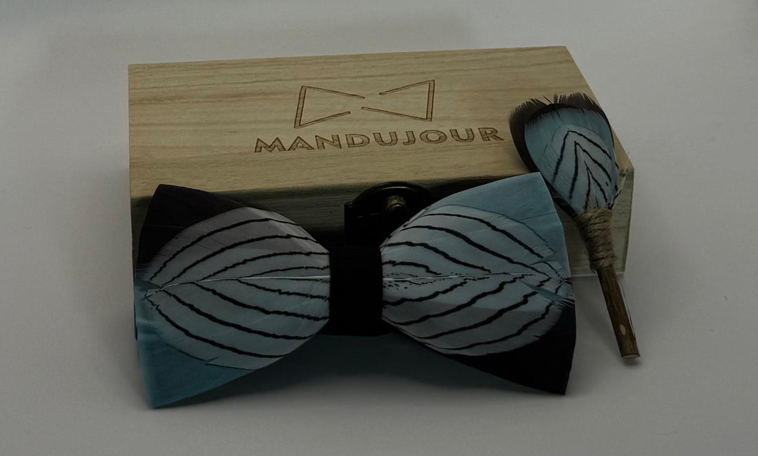 Austin Gray Skies Feather Bow Tie & Lapel Pin Set - Handcrafted Mandujour Accessory for Weddings