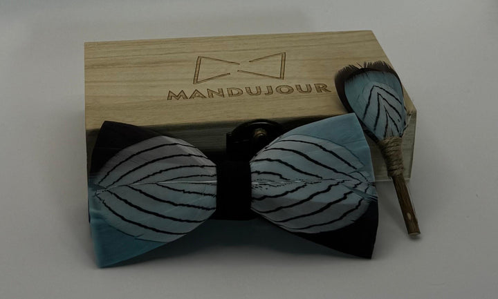 Austin Gray Skies Feather Bow Tie & Lapel Pin Set - Handcrafted Mandujour Accessory for Weddings