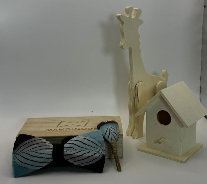 Austin Gray Skies Feather Bow Tie & Lapel Pin Set - Handcrafted Mandujour Accessory for Weddings