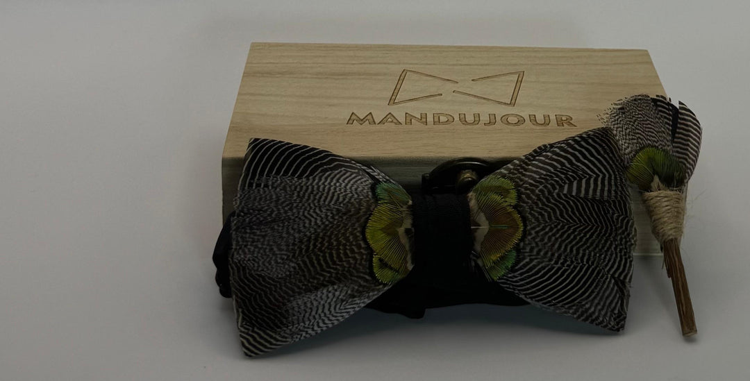 Jacksonville Grey-Green Feather Bow Tie & Lapel Pin Set - Handmade Wedding Accessory