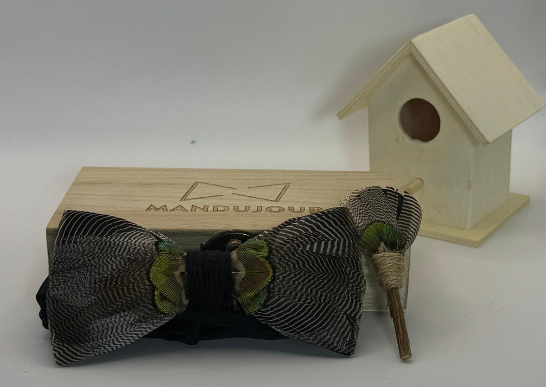 Jacksonville Grey-Green Feather Bow Tie & Lapel Pin Set - Handmade Wedding Accessory