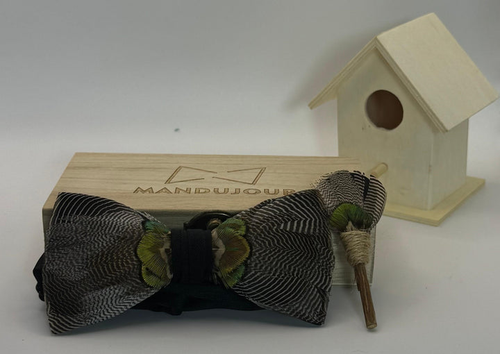 Jacksonville Grey-Green Feather Bow Tie & Lapel Pin Set - Handmade Wedding Accessory