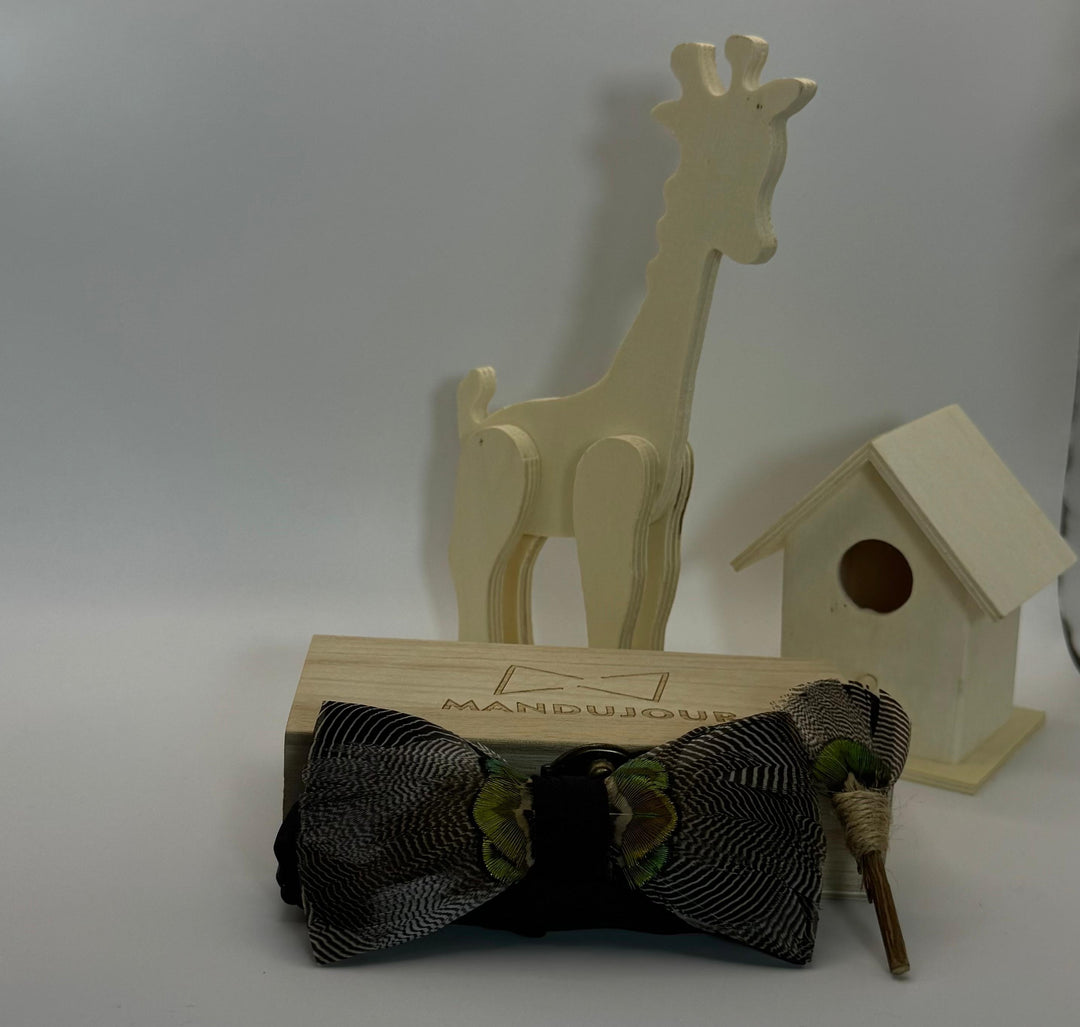 Jacksonville Grey-Green Feather Bow Tie & Lapel Pin Set - Handmade Wedding Accessory