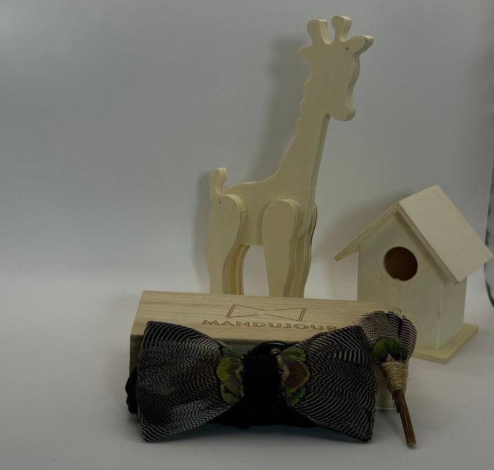 Jacksonville Grey-Green Feather Bow Tie & Lapel Pin Set - Handmade Wedding Accessory