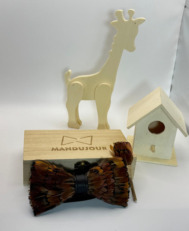 Orange Feather Bow Tie & Lapel Pin Set for Grooms, Weddings, Formal Events - Unique Mens Accessory