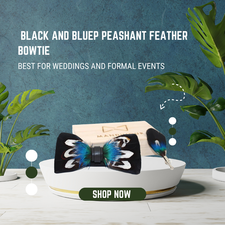 Black and Blue Pheasant Feather Bow Ties lapel Pin Set