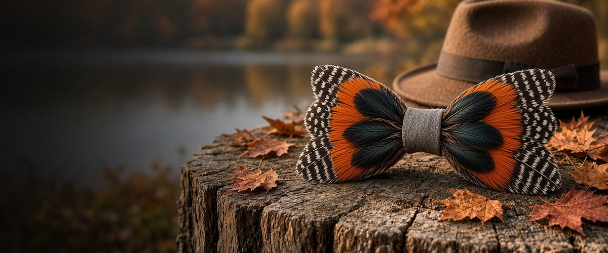 Orange and teal handmade feather bow tie on a tree stump with autumn leaves