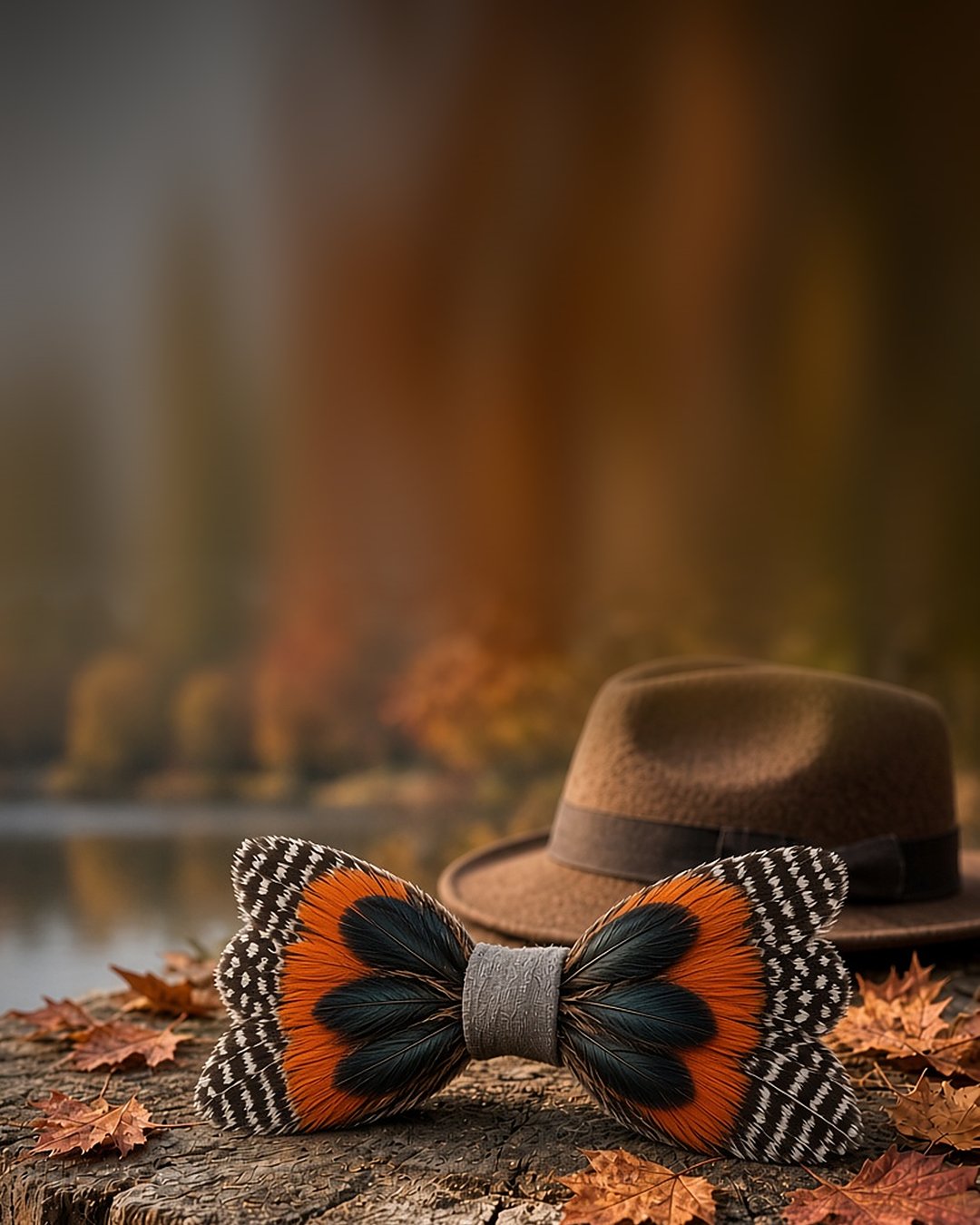 Orange and teal handmade feather bow tie on a tree stump with autumn leaves