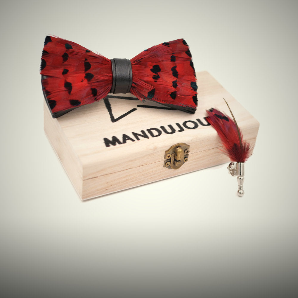 Red and black feather bow tie with lapel pin and gift box