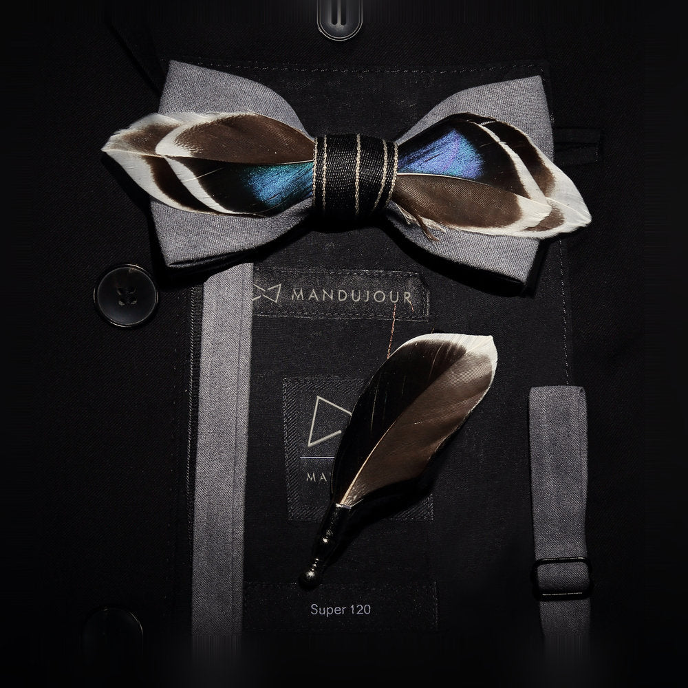 Gray and black feather bow tie and feather lapel pin