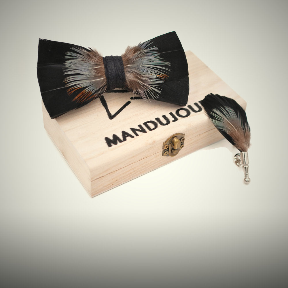 Black and white feather bow tie with wooden gift box