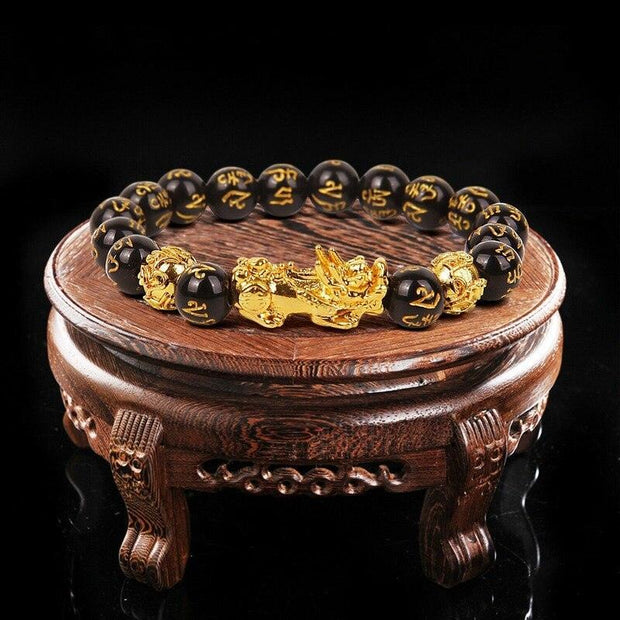 10-12mm Black Beads Alloy Wealth Bracelet Bangles Golden Pixiu Charm bracelet  Gifts for Men Women - Mandujour
