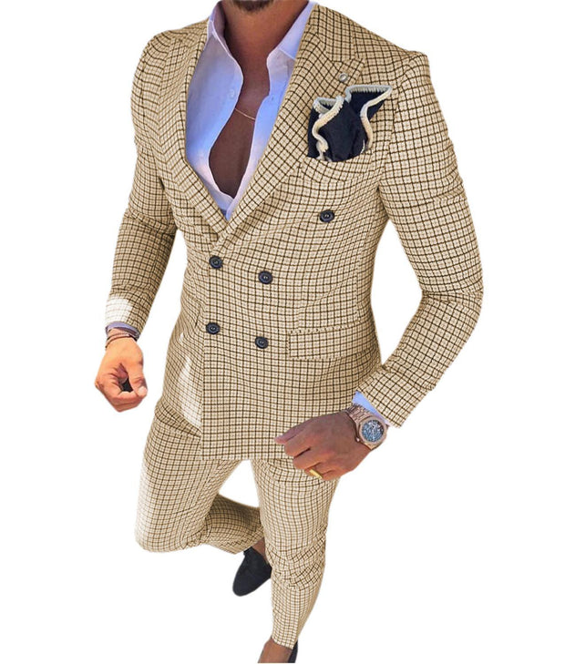 2 Pieces Men's Business Suits Double Breasted Regular Fit Notch Lapel Plaid Wool Prom Tuxedos For Wedding (Blazer+Pants) - Mandujour