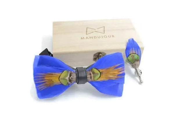 Blue Peacock Feather Bow Ties lapel Pin Set -Mandujour handmade gift - Mandujour