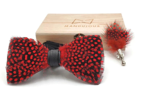Red and Black polka dot Feather Bow tie & lapel pin set - Mandujour