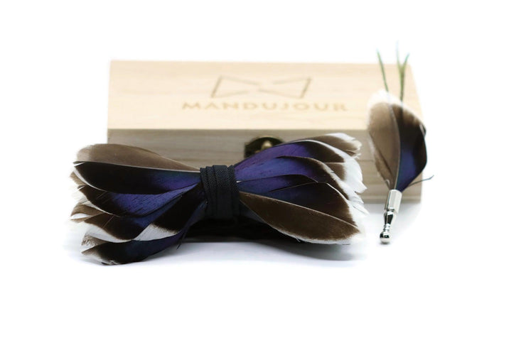 All Duck Feather Bow Tie  with Feather Lapel Pin Set - Mandujour