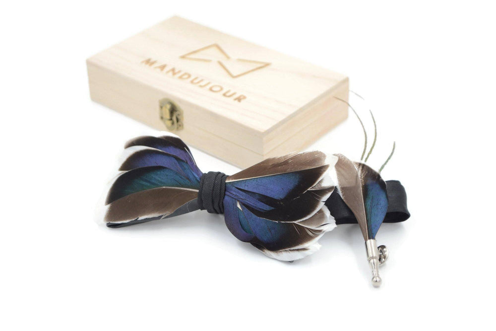 All Duck Feather Bow Tie  with Feather Lapel Pin Set - Mandujour