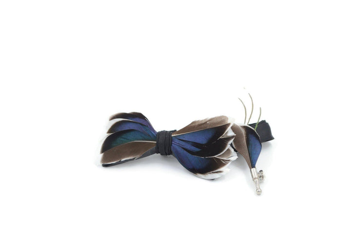 All Duck Feather Bow Tie  with Feather Lapel Pin Set - Mandujour