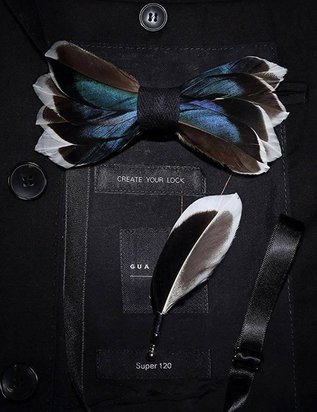 All Duck Feather Bow Tie  with Feather Lapel Pin Set - Mandujour