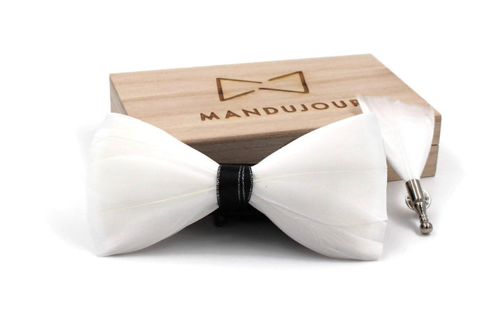 All White Snow Goose Feather Bow Ties lapel Pin Set - Mandujour