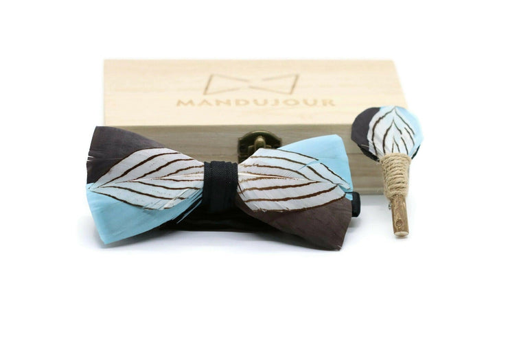 Austin Gray Skies Feather Bow Tie  with Feather Lapel Pin Set - Mandujour Handmade - Mandujour