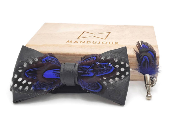 Black and Blue leather Feather Bow Tie & Lapel pin set - Mandujour Handmade - Mandujour