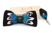 Black and Blue Pheasant Feather Bow Ties lapel Pin Set - Mandujour