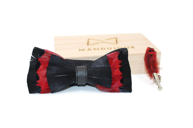 Black and Red Feather Bow Ties lapel Pin Set - Mandujour