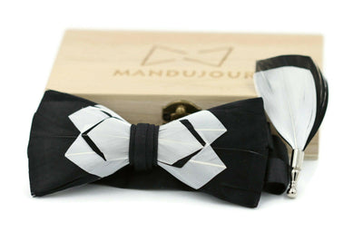 Black and white exotic Feather Bow Ties lapel Pin Set - Mandujour