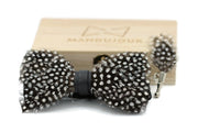 Black and White polka dot Feather Bow tie & lapel pin set - Mandujour