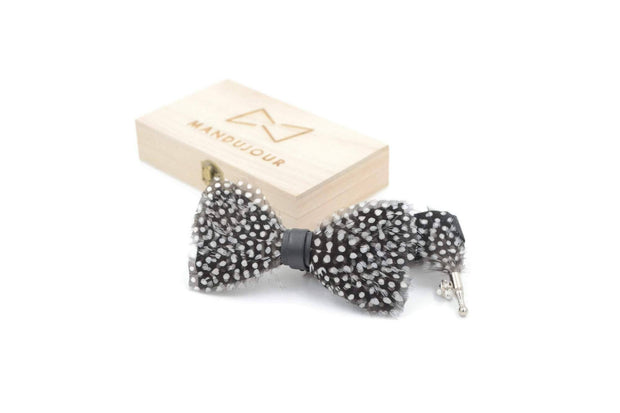 Black and White polka dot Feather Bow tie & lapel pin set - Mandujour
