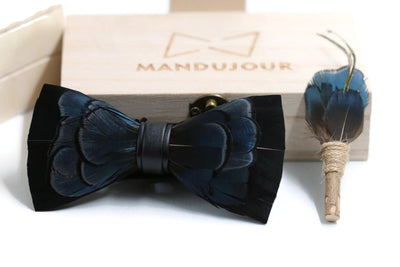 Black Blue Pheasant Feather Bow Ties and Lapel Pin set - Mandujour