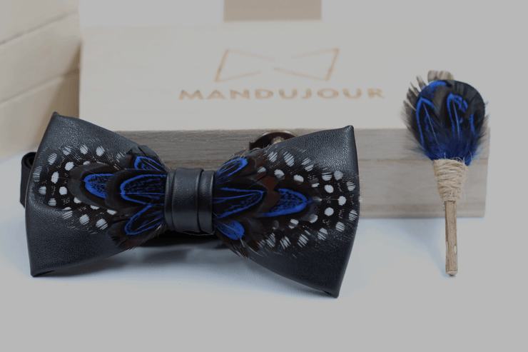 Black Leather and Feather Bow Ties lapel Pin Set - Mandujour