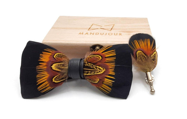 Black Pheasant burgundy orange accents Feather Bow Tie & Lapel pin set - Mandujour Handmade gift for men - Mandujour