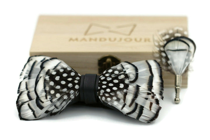 Black White Scaly-sided Merganser Feather Bow Ties lapel Pin Set - Mandujour