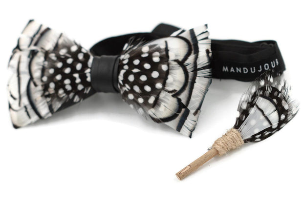 Black White Scaly-sided Merganser Feather Bow Ties lapel Pin Set - Mandujour