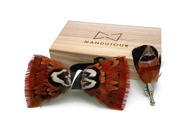 Brown Couscous Feather Bow Tie with Feather Lapel Pin Set - Mandujour