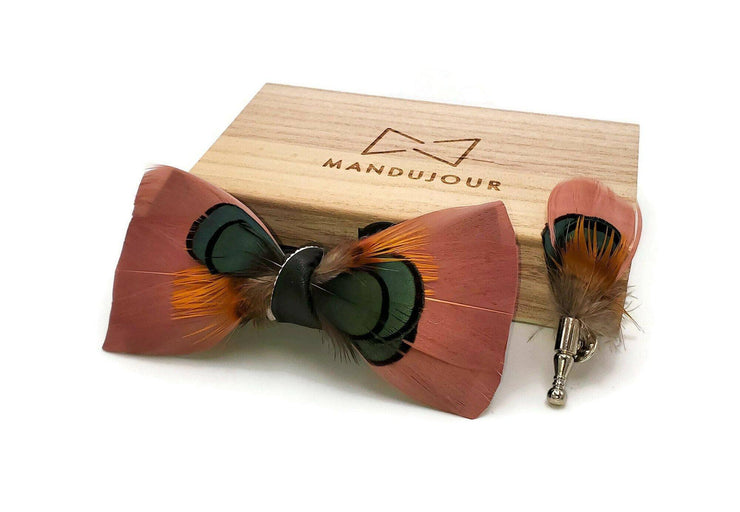 Brown Kiwi Feather Bow Tie with Feather Lapel Pin Set - Mandujour