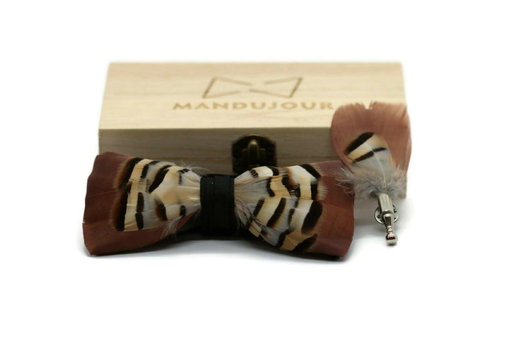 Brown Pheasant Feather Bow Ties lapel Pin Set - Mandujour