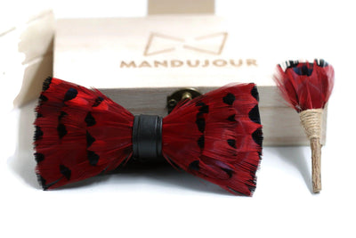 Cardinal Red Feather Bow Tie and Lapel Pin set - Mandujour