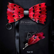 Cardinal Red Feather Bow Tie and Lapel Pin set - Mandujour