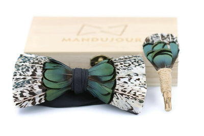 Charlotte Eggnog Green Feather Bow Tie & Lapel pin set - Mandujour Handmade Christmas gift for men - Mandujour