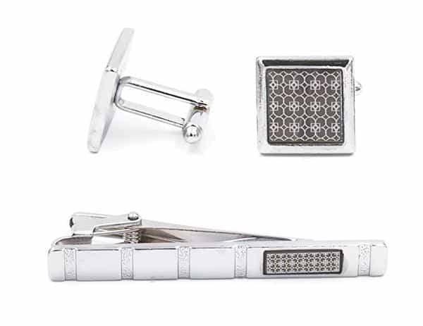 Christopher Chrome and Gray Square Cuff-Links and Tie Clip Set - Mandujour
