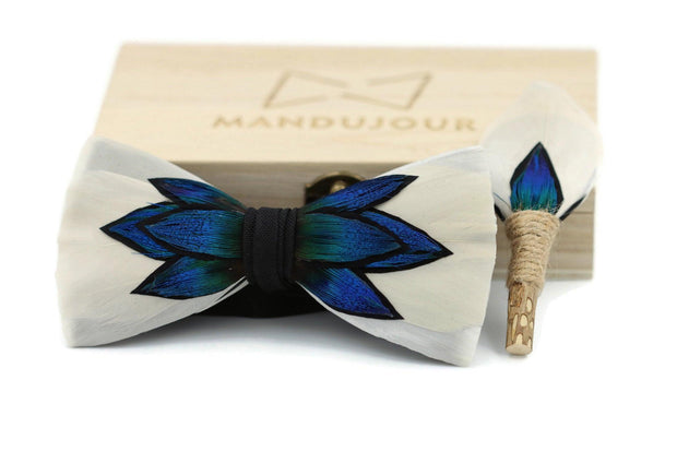 Columbus Flower Bomb Feather Bow Tie with Feather Lapel Pin Set - Mandujour Handmade - Mandujour