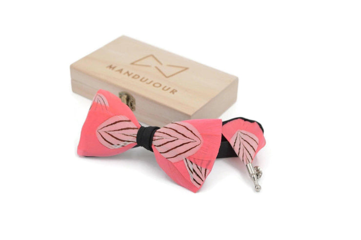 Coral Feather Bow Tie and Lapel Pin set - Mandujour