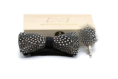 Dallas Polkadot Feather Bow Tie  with Feather Lapel Pin Set - Mandujour Handmade - Mandujour
